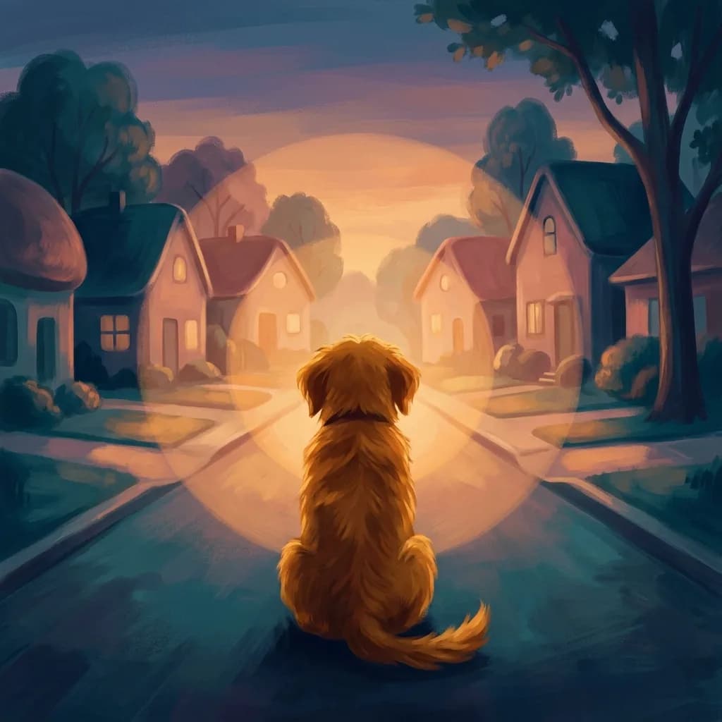 A dog gazing at a lit-up neighborhood in the evening