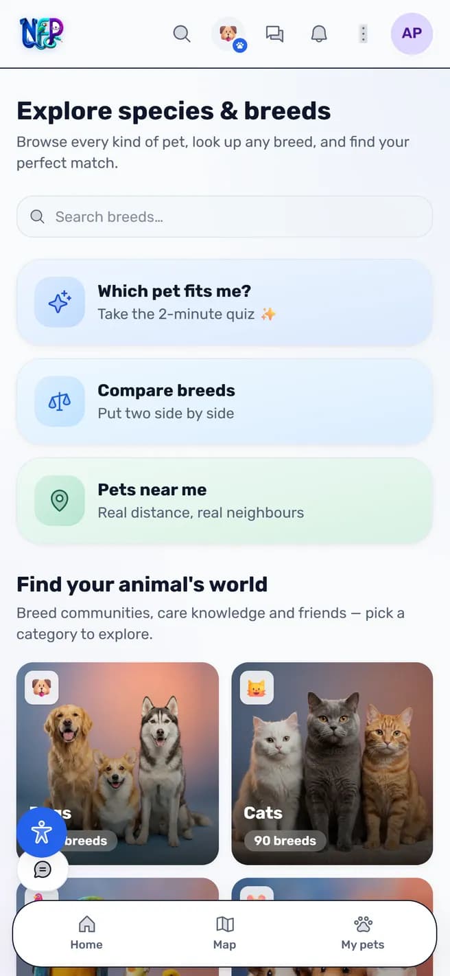 The NetForPet discover screen