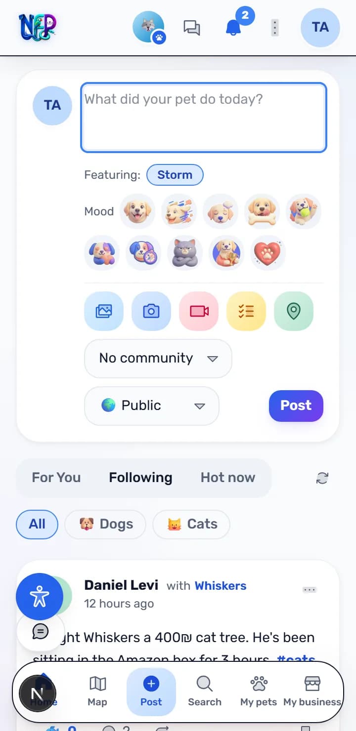 Writing a post as your pet, with a mood picked and a community chosen