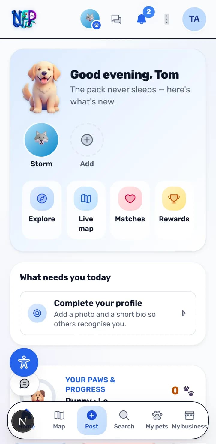 The NetForPet home screen, showing breed content and the day's updates for your pet