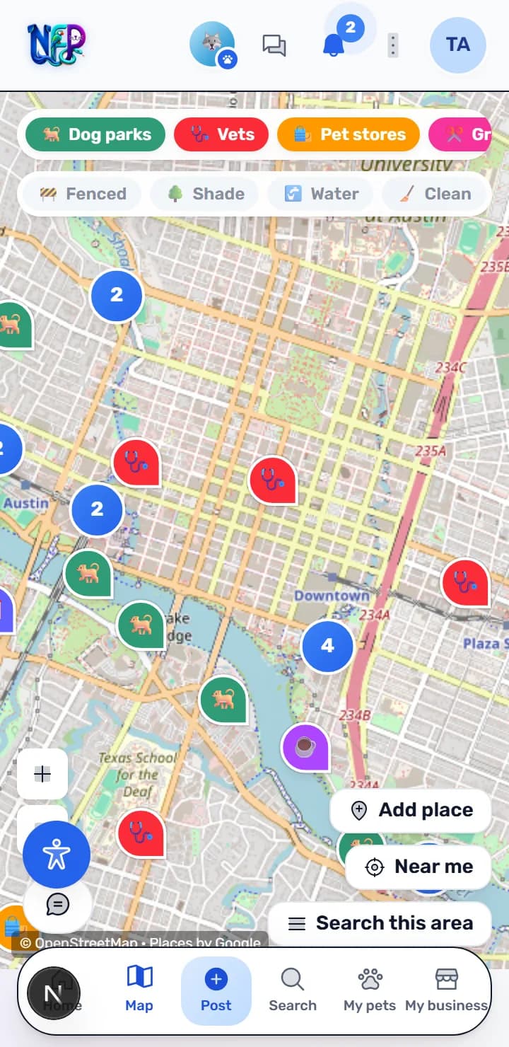 The map, with pins for dog parks, vets, groomers and pet friendly cafes nearby