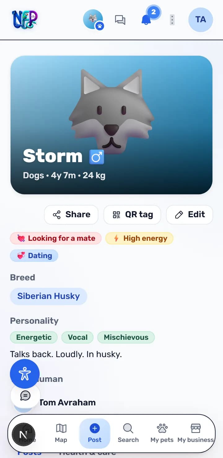 A pet profile page with the photo, breed, age and the buttons to share it or open its QR tag